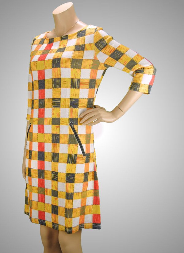 VEGAS Paris Kleid 3/4-Arm Quadrate Gelb Orange Grau Weiß Rot