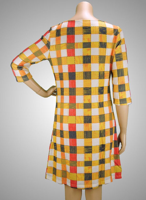 VEGAS Paris Kleid 3/4-Arm Quadrate Gelb Orange Grau Weiß Rot